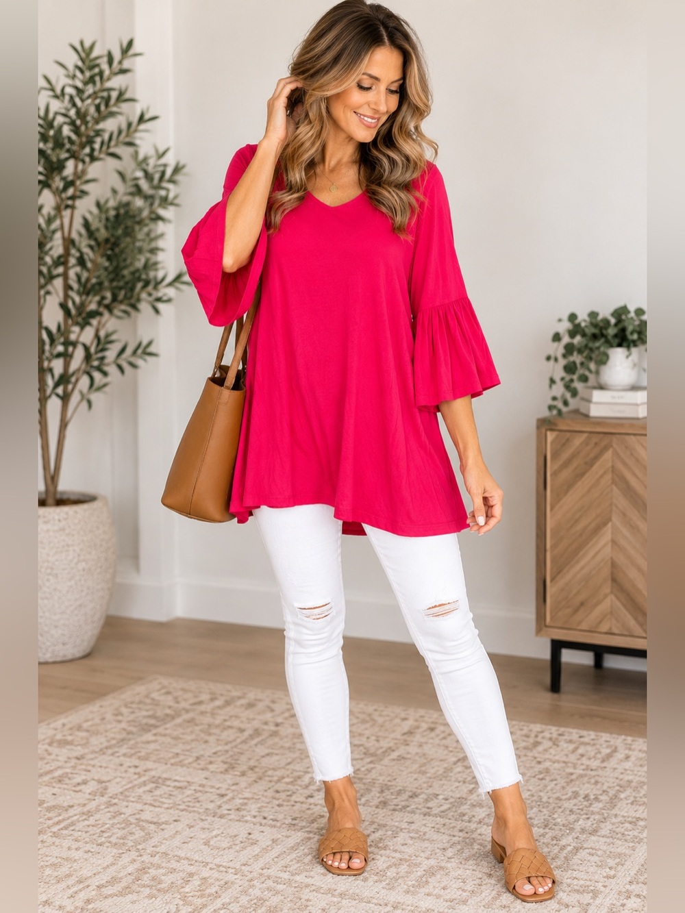 Comfy USA Pink Modal Bell Sleeve Long Tunic Top Made in USA M